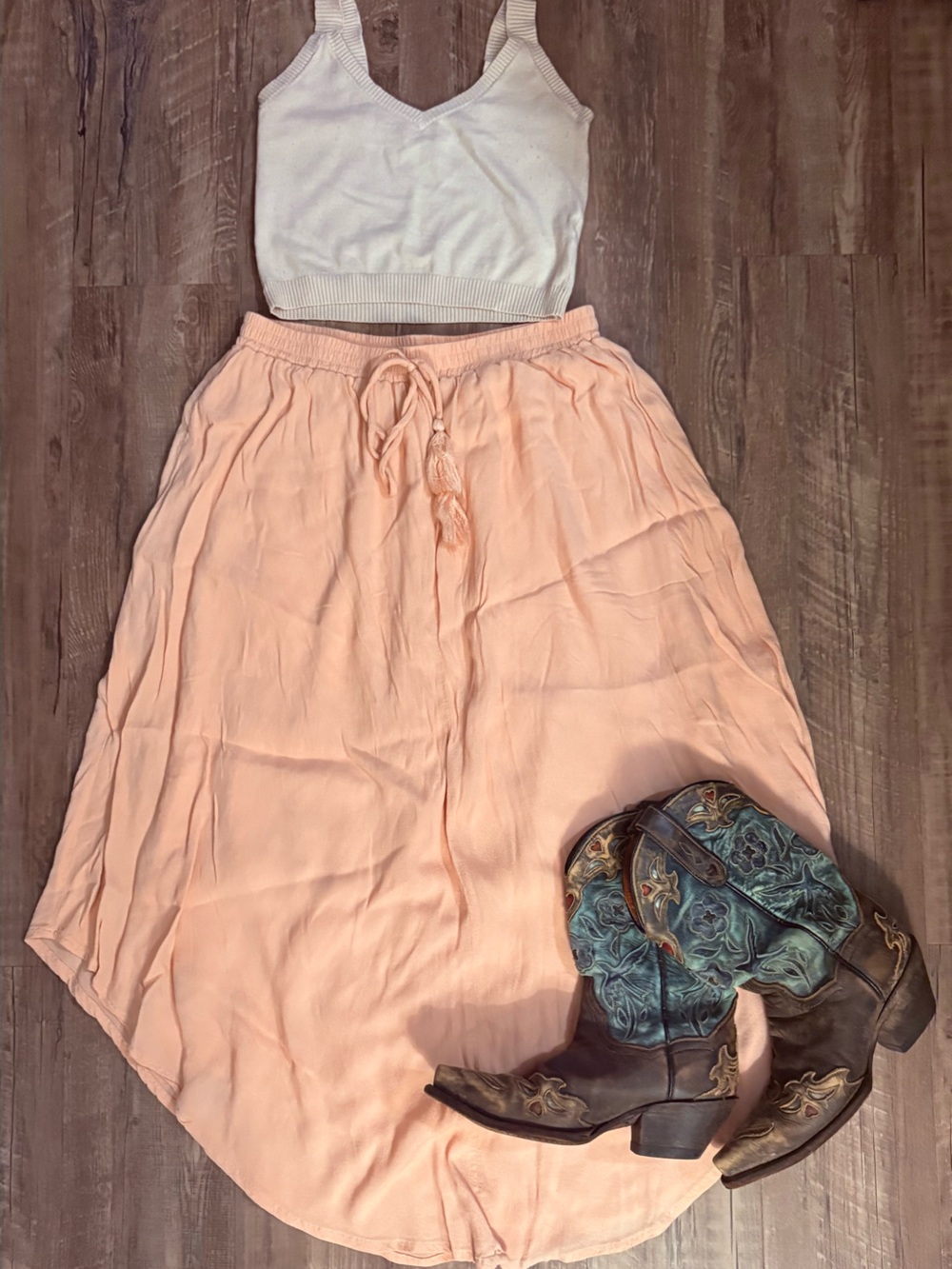 Lulu's Cream and Pink Midi Skirt